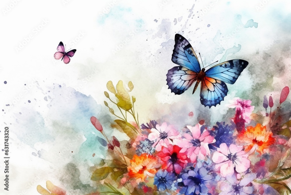 Beatiful Butterfly with flowers,watercolor drawing. generative ai