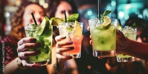 Close up of friends group cheering mojito drinks at bar restaurant. Finest generative AI.