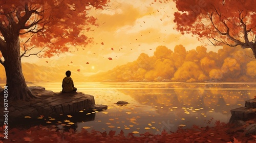 A man is sitting on the background of an epic autumn landscape. High quality illustration
