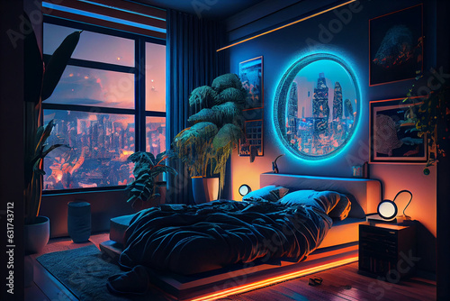 Smart modern bedroom interior with led tv and neon lights glowing ambient in the evening window city view