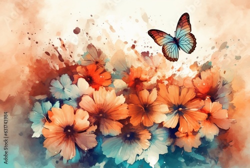Beatiful Butterfly with flowers,watercolor drawing. generative ai © LivroomStudio