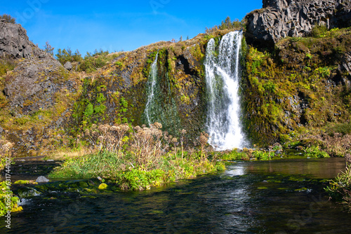Gjáin tranquil, scenic valley with many small waterfalls, ponds and lava rocks, plus volcano views.