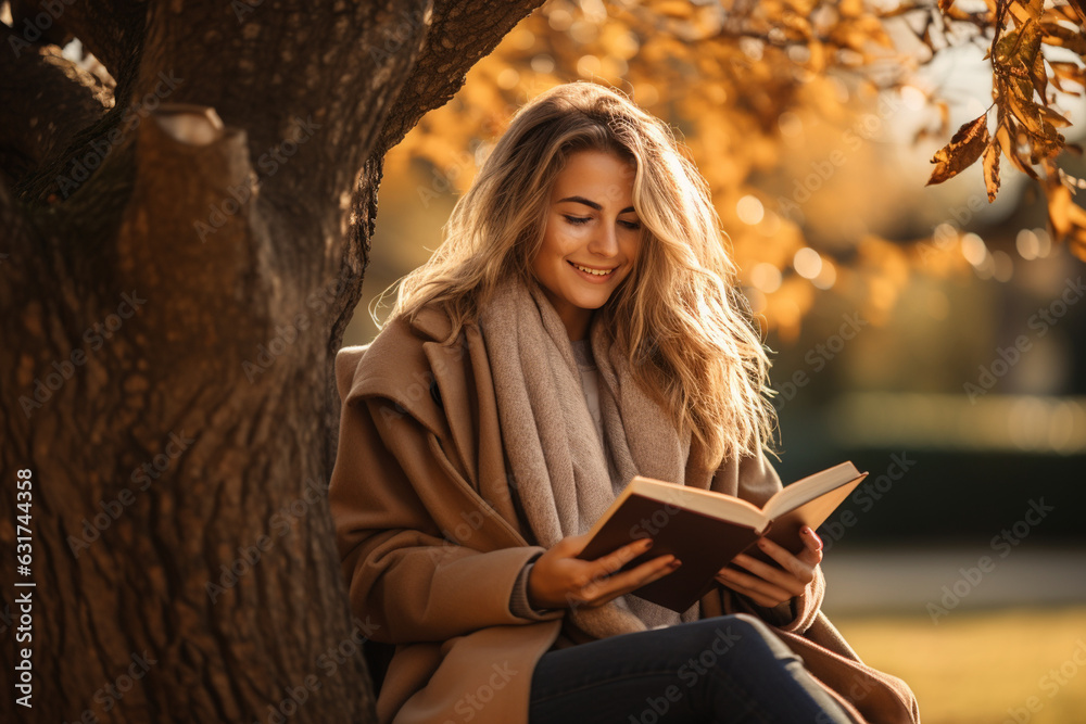 Obraz premium woman sitting outdoors under a tree with a book and a hot drink, savoring the peacefulness of autumn Generative AI