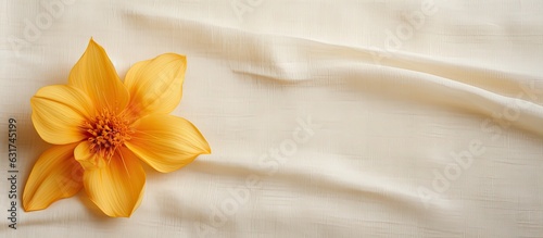 A dry yellow flower is placed on a natural cotton fabric background, and it has space available for writing. © HN Works