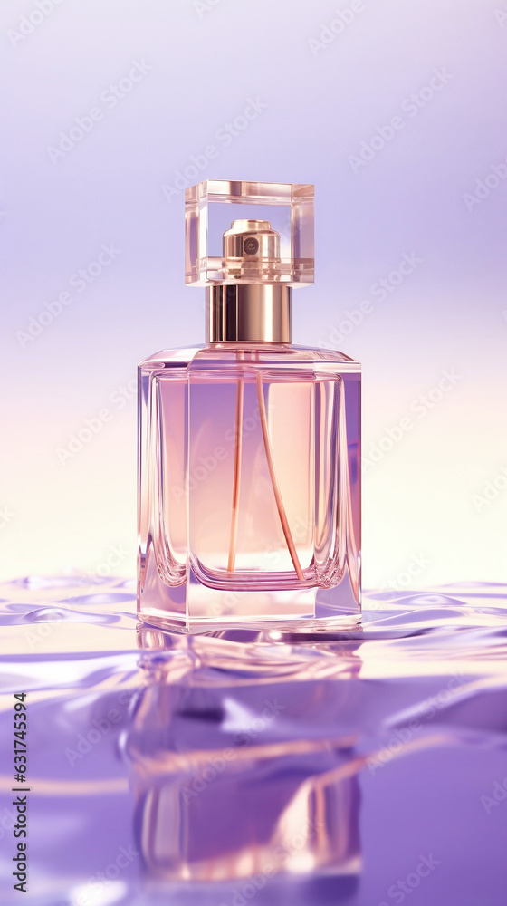 Transparent bottle of perfume without a label on a lilac background. Fragrance presentation. Transparent bottle of perfume without a label on a lilac background. Fragrance presentation.