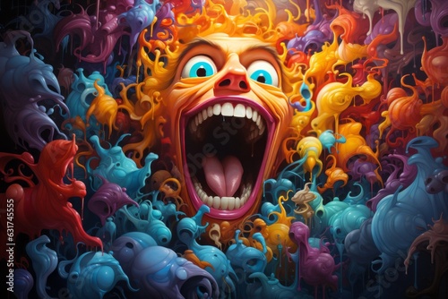 A colorful clown with teeth and a mouth open in the middle of an explosion of liquid colors.