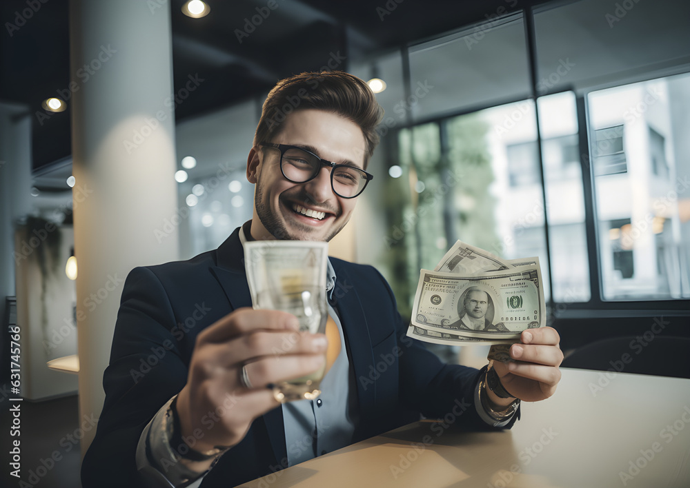 Happy business owner saving money. Business idea Happy business owner saving money. Business idea