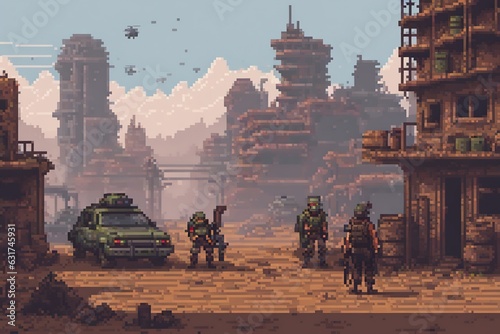 Pixelated battle scene with soldiers and military vehicles on the background of buildings