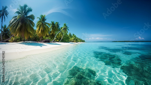 Exotic beach with clear sea water, white sand and palm trees. Generative AI technology. © Grycaj