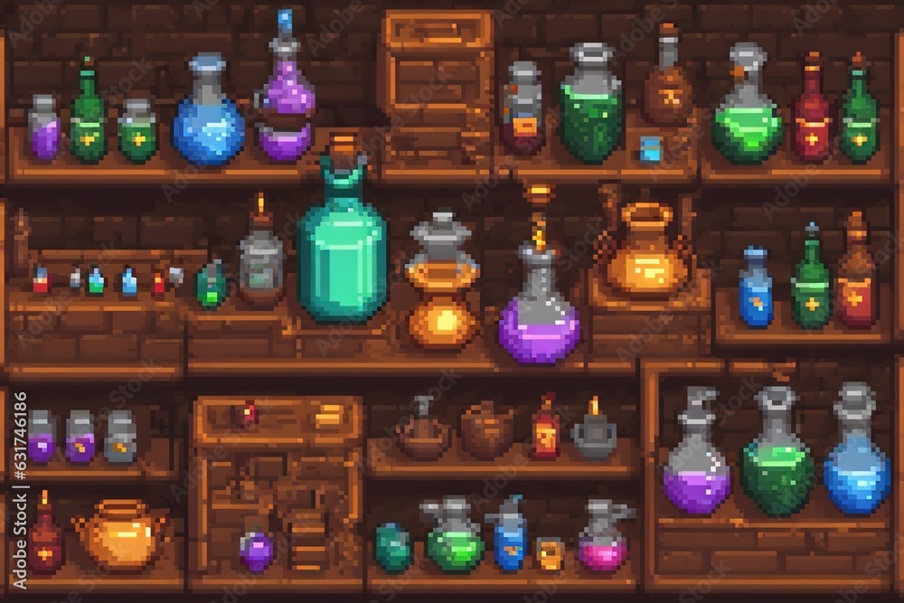 Pixel game shelves with potion bottles.