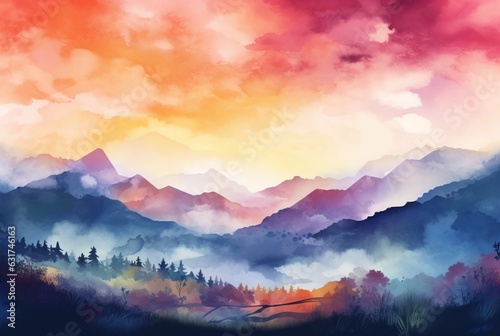 landscape watercolor background. Generative AI © LivroomStudio