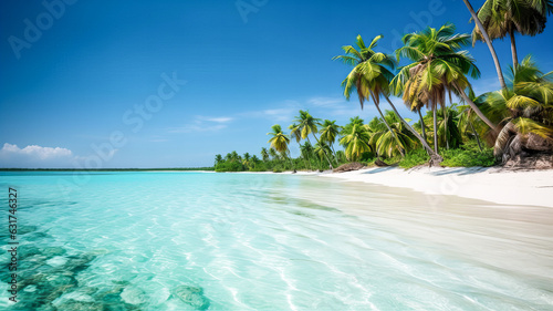 Exotic beach with clear sea water  white sand and palm trees. Generative AI technology.