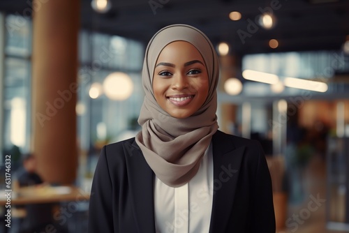 smiling business woman wearing hijab posing and looking at camera