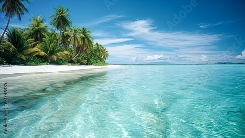 Exotic beach with clear sea water, white sand and palm trees. Generative AI technology.
