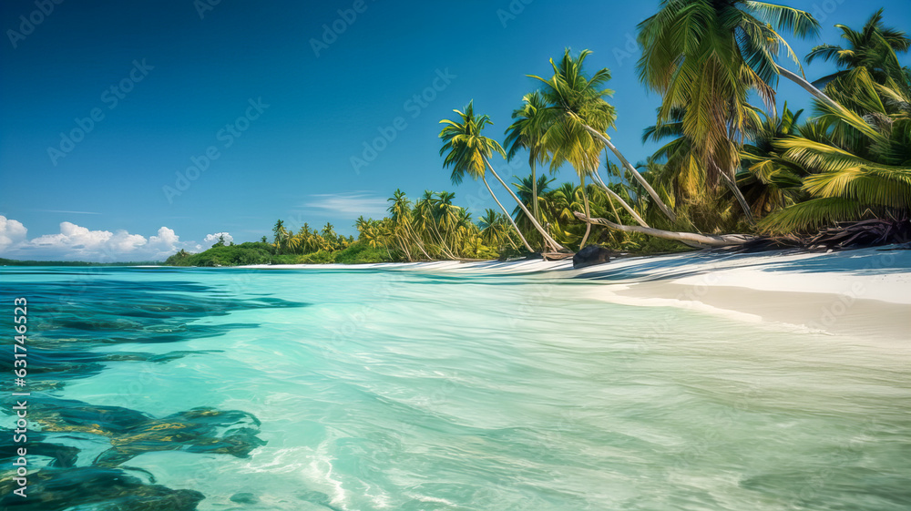Exotic beach with clear sea water, white sand and palm trees. Generative AI technology.
