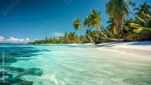 Exotic beach with clear sea water, white sand and palm trees. Generative AI technology. © Grycaj