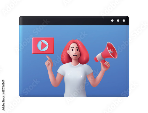 3D video webinar. Digital woman in online conference. Cartoon character render. Internet learning. Player button. Girl with loudspeaker. Web education content. Vector exact concept