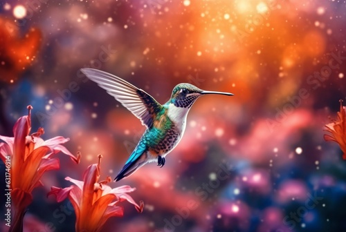 Humming bird hovering over colorful, pollen filled flowers. Generative AI © LivroomStudio
