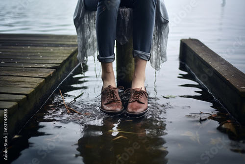 Unrecognizable girl or young woman sitting on jetty by lake has taken off shoes and splashing bare feet in water
