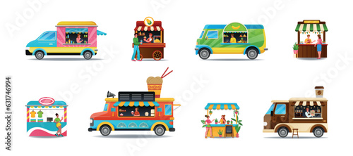 Food truck. Shop kiosk. Vendor at counter selling cocktails and coffee. Merchant in stall on street market with ice or book. Snacks tent. Wok store cart. Vector tidy illustration set