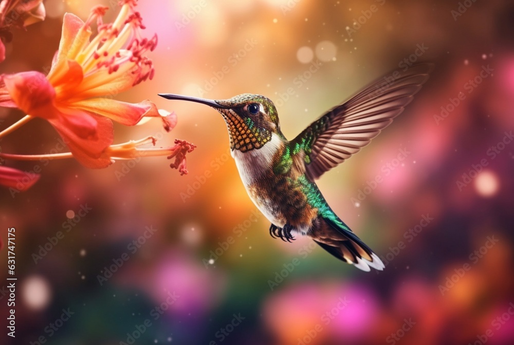 Fototapeta premium Humming bird hovering over colorful, pollen filled flowers. Generative AI