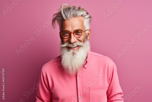bearded senior hipster in pink dress