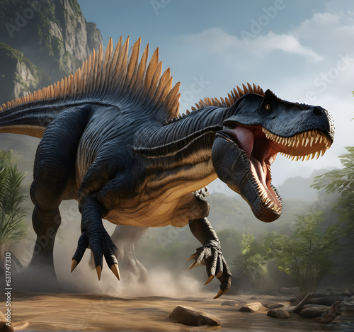 spinosaurus dinosaur. Ancient dinosaur in the jungle. Jurassic period. generative AI © EVISUAL