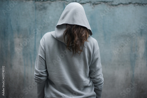 Unrecognizable hooded female person facing concrete wall as insurmountable obstacle, young adult woman in urban surrounding confronting problems and difficulties in life