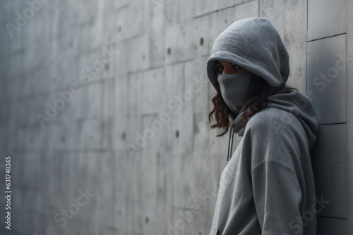 Unrecognizable hooded female person facing concrete wall as insurmountable obstacle, young adult woman in urban surrounding confronting problems and difficulties in life