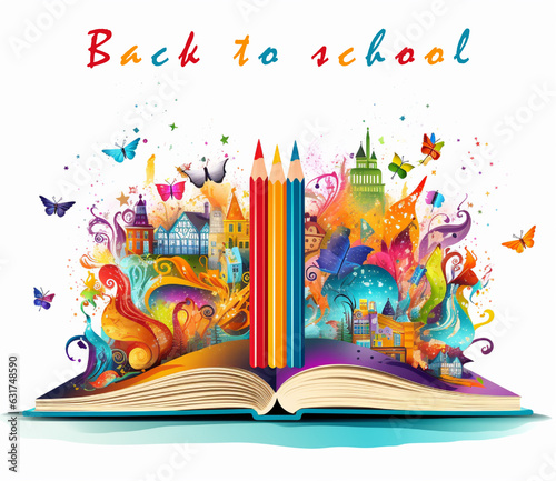 back to school background with book and pens