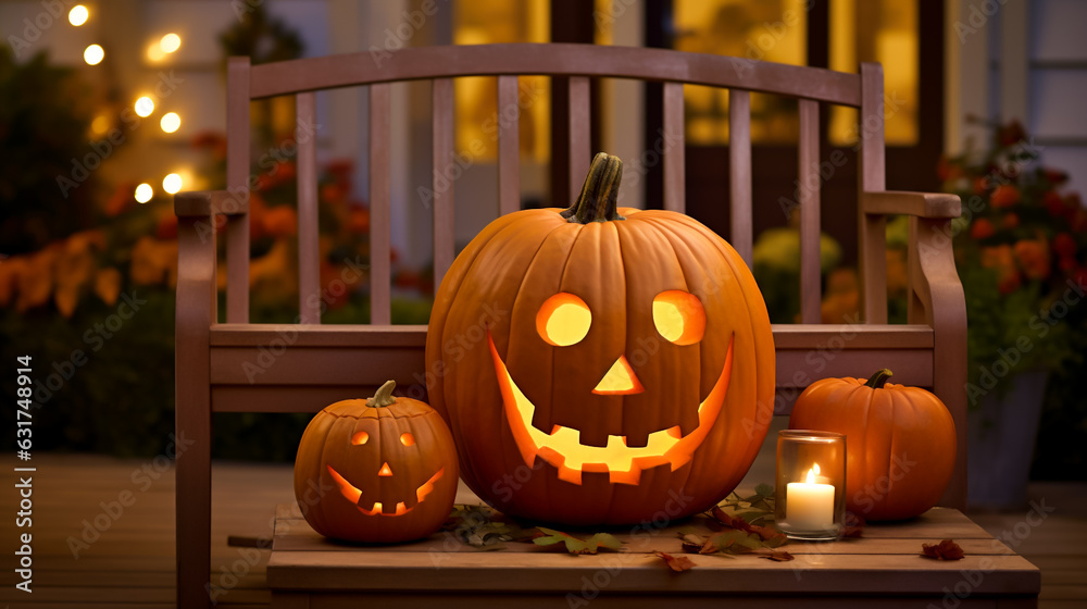 Fototapeta premium Spooky Halloween Jack O Lantern. Carved pumpkin with light. Shallow field of view.