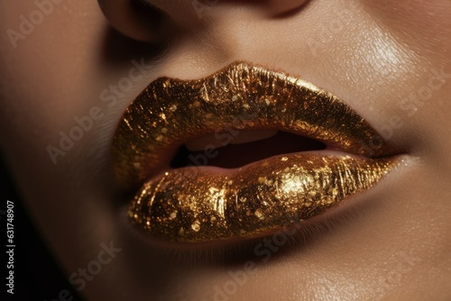 Tableau sur toile Golden woman lips fashion. Generate AI