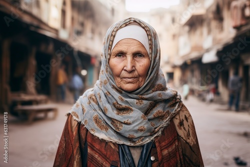 serious Arab muslim elderly woman in hijab posing on the street