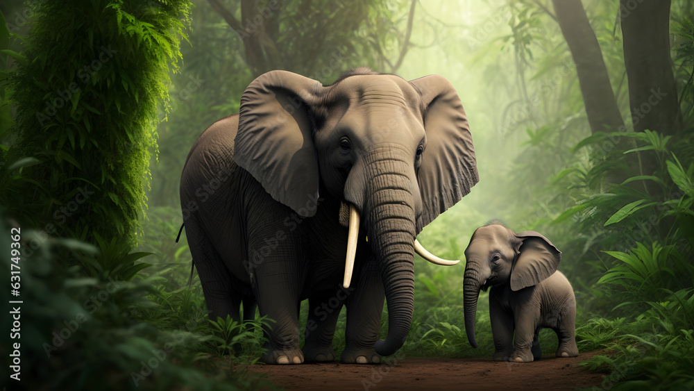 Cute elephant baby with mother in the forest