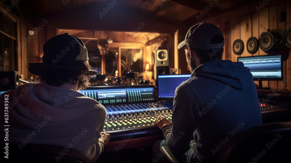 Sound engineer wearing headphones and musician recording song in the boutique recording studio