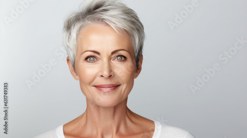 Mature old lady close up portrait. Healthy face skin care beauty, middle age skincare cosmetics