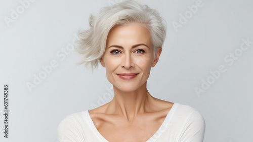 Mature old lady close up portrait. Healthy face skin care beauty, middle age skincare cosmetics