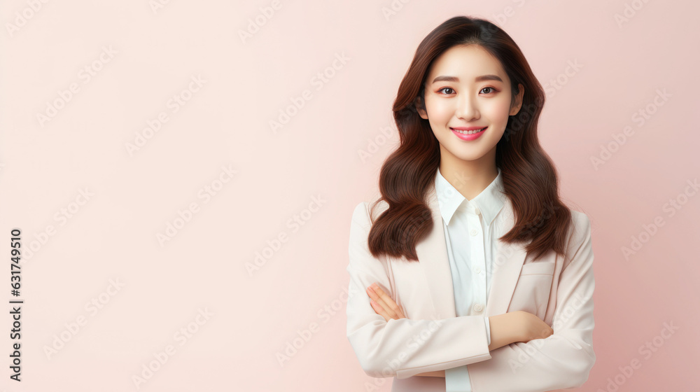 Asian young woman Professional operator standing in office clothes smile and look confident pastel color background Asian young woman Professional operator standing in office clothes smile and look confident pastel color background
