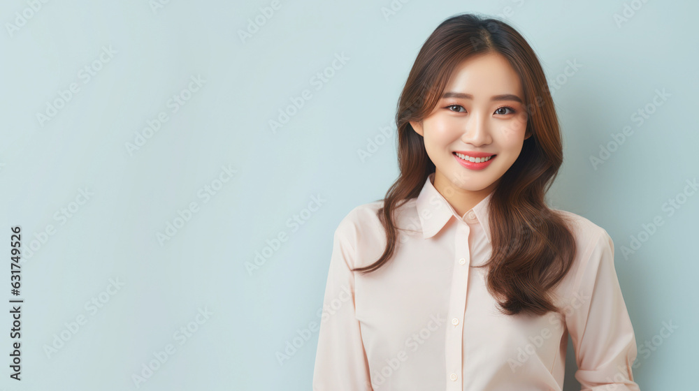 Asian young woman Professional operator standing in office clothes smile and look confident pastel color background Asian young woman Professional operator standing in office clothes smile and look confident pastel color background