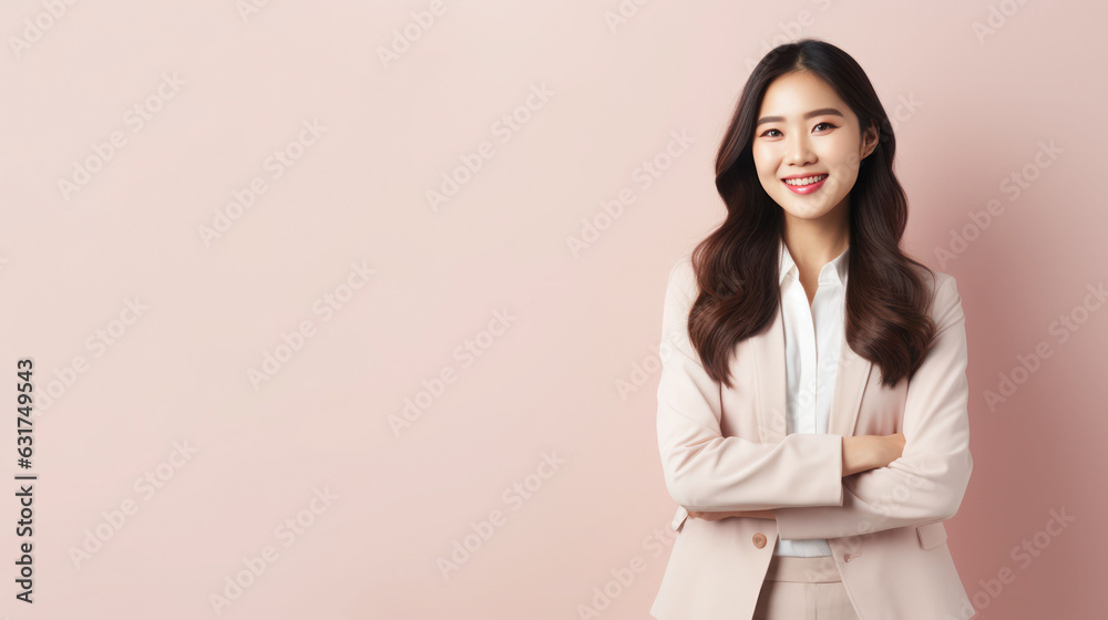 Asian young woman Professional operator standing in office clothes smile and look confident pastel color background Asian young woman Professional operator standing in office clothes smile and look confident pastel color background