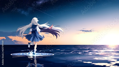 Anime girl walking on water, AI generation