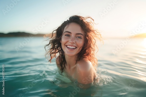 beautiful smiling woman with long hair enjoying sea at summer,