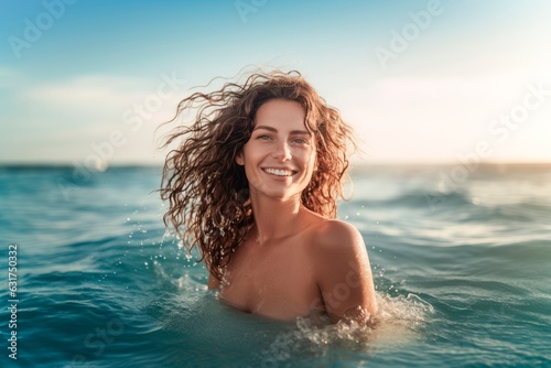 beautiful smiling woman with long hair enjoying sea at summer,