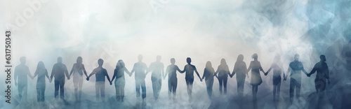A group of people standing on a stage with smoke and fog in silhouette. Holding hands together in solidarity. Atmospheric.