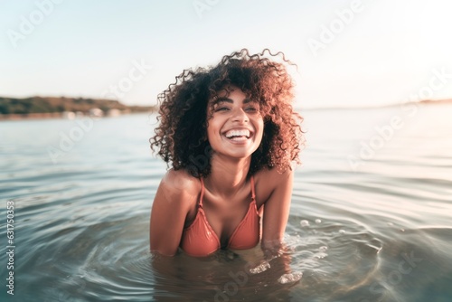 beautiful smiling woman with long hair enjoying sea at summer,