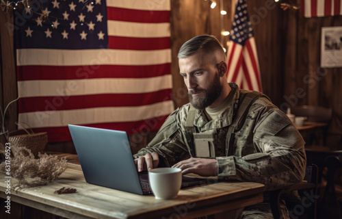 A serious soldier using a laptop computer on the modern battlefield during wartime. Hard work, dedication and sacrifice for country. A coffee cup sits beside the soldier. Psyops.