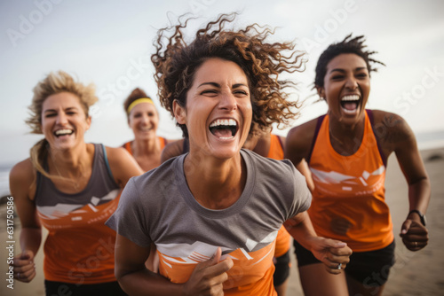 A group of friends running outside and laughing in a marathon or sports event. Joyful group activity, keeping active and fit through exercise. Middle aged.