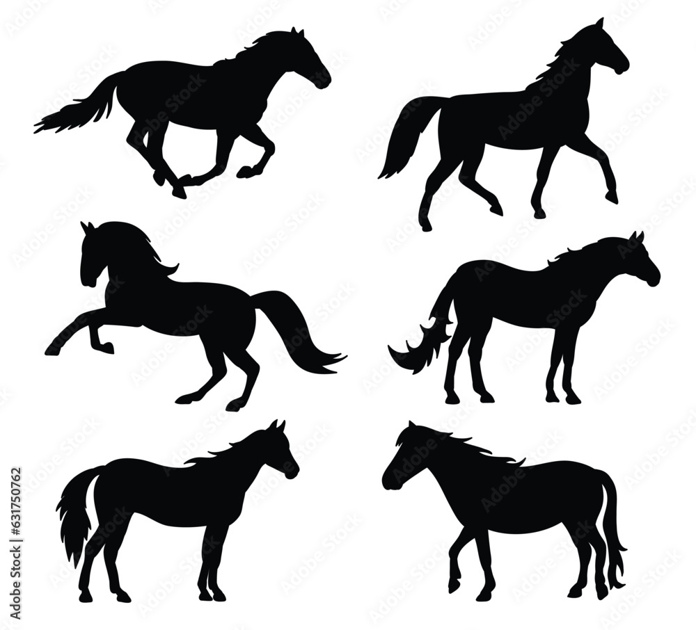 Black Silhouette of Horses isolated on white background
