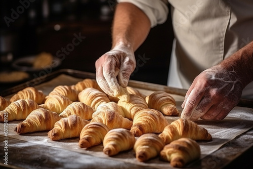 Unrecognizable man hands prepare dough for croissant sweet dessert