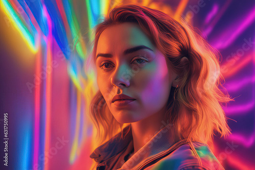 portrait of young woman in neon color.